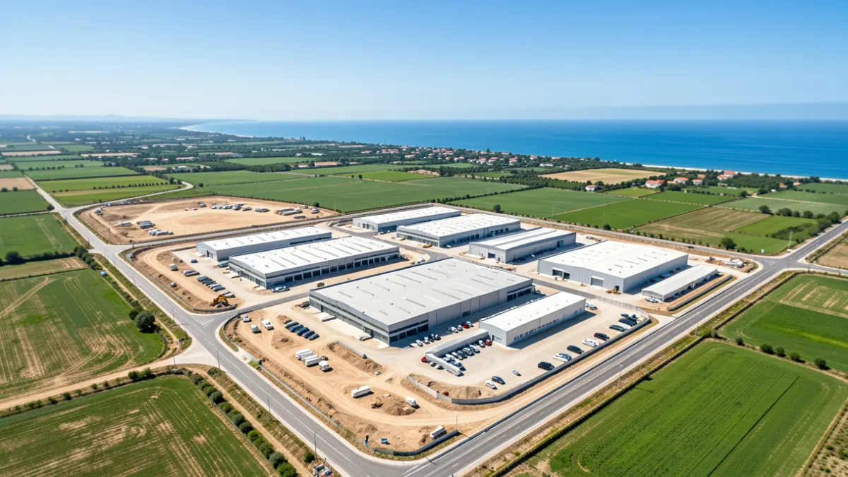 Vista aérea de un gran parque empresarial en construcción en un paisaje mediterráneo.