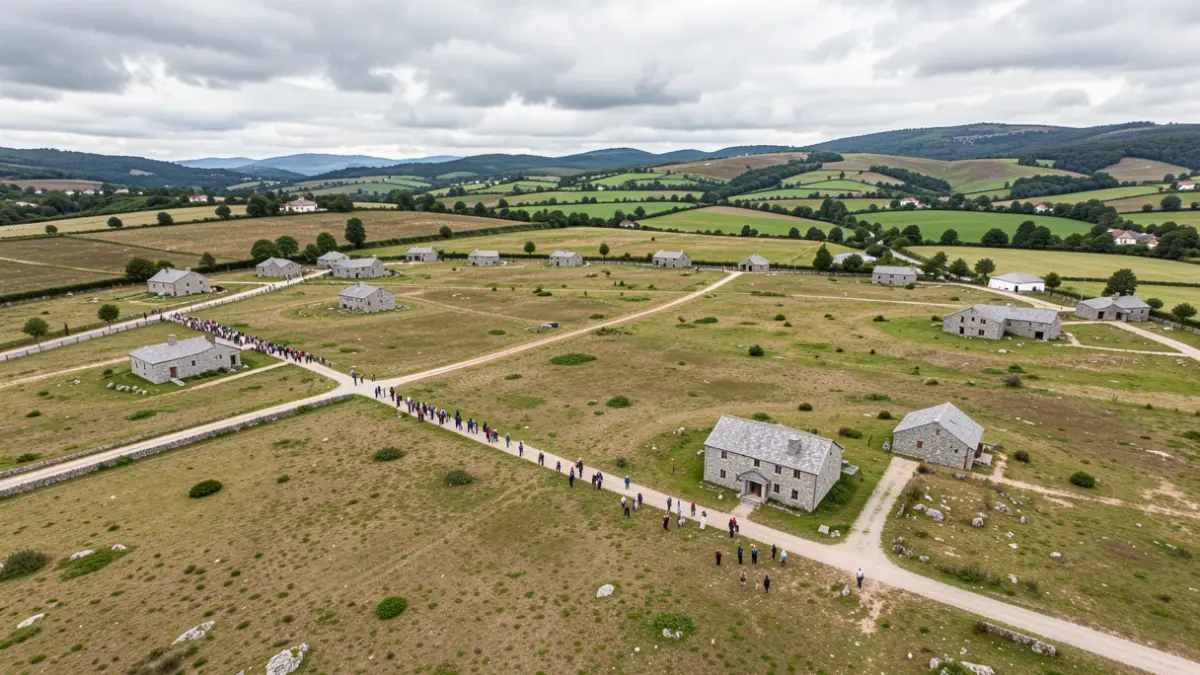 Vista aérea de una gran zona de terreno residencial sin desarrollar en Galicia, con edificios de piedra de granito dispersos y colinas verdes al fondo, bajo un cielo nublado.