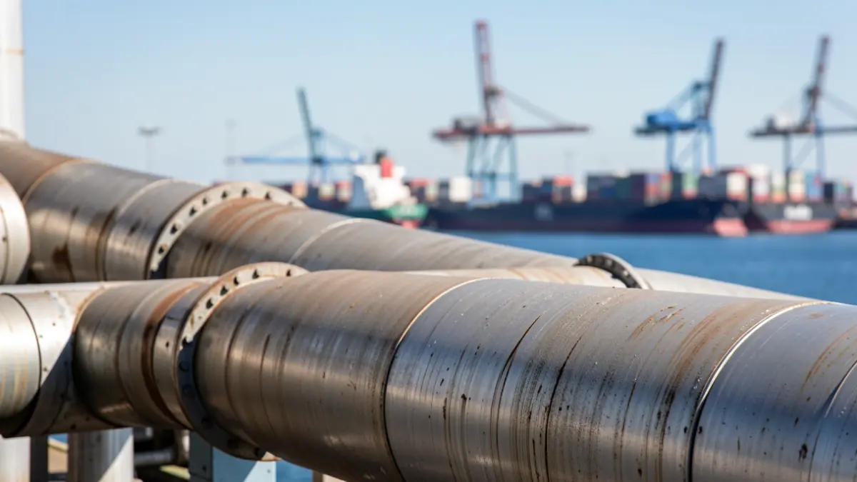 Imagen genérica: Primer plano de tuberías industriales en el Puerto de Pasaia, con barcos y grúas al fondo.