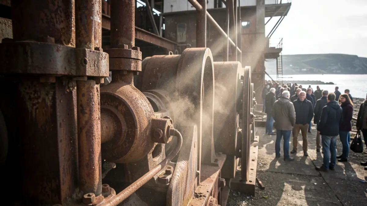 Primer plano de maquinaria industrial antigua en un astillero abandonado.