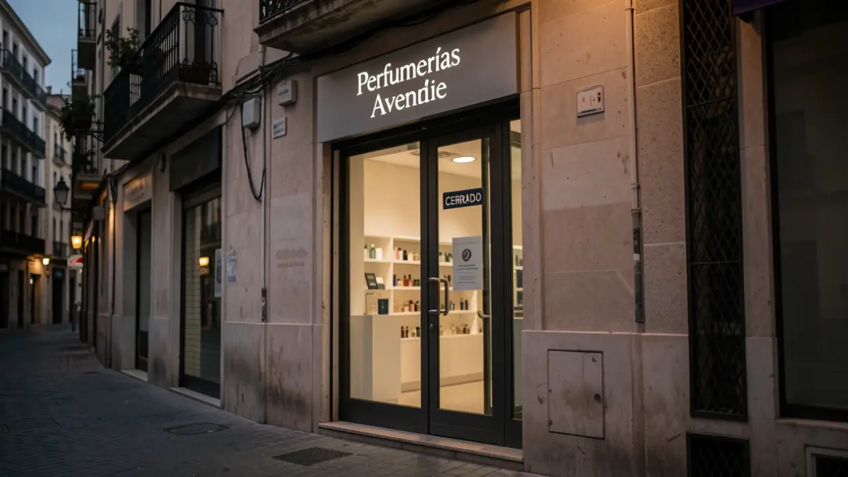 Imaxe dunha tenda de Perfumerías Avenida pechada ao anoitecer.