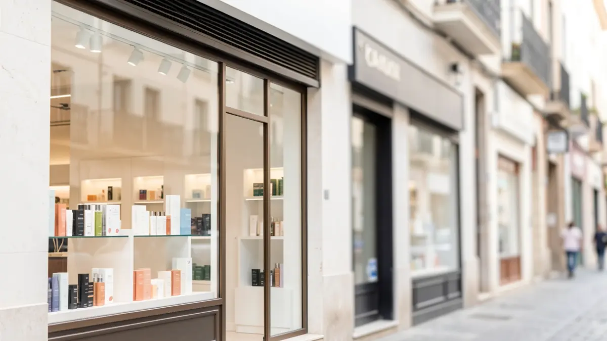 Fachada dunha tenda de perfumería moderna con escaparates.