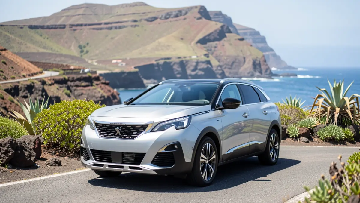 Imagen del SUV Peugeot 5008 en un paisaje volcánico de Canarias.