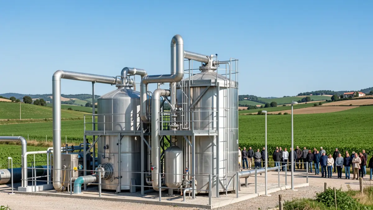 Infraestructuras de una planta de biogás industrial con tuberías y tanques en un paisaje rural catalán.