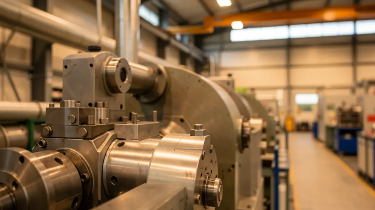 Generic image: Close-up of industrial machinery with a blurred background of a modern factory in Euskadi.
