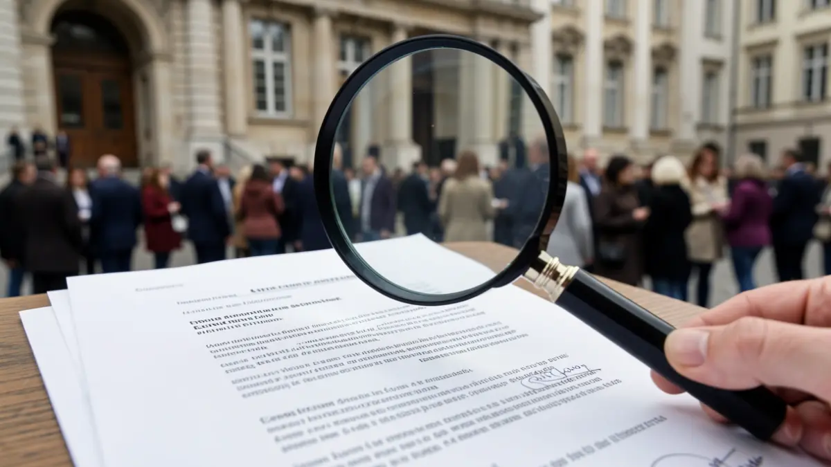 Primer plano de un contrato con una lupa encima, simbolizando la inspección.