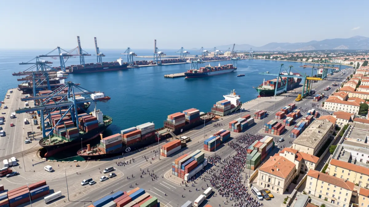 Generic image of a European port with ships and cranes.