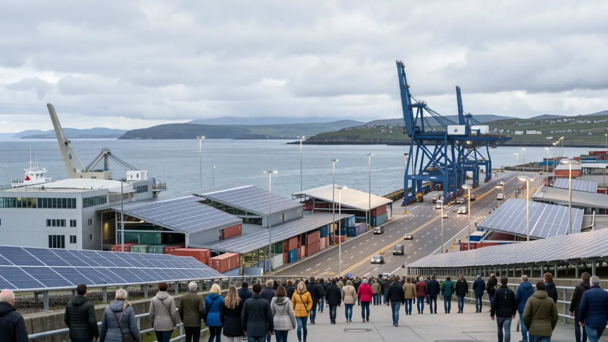 Imagen genérica de infraestructuras portuarias modernas con elementos de energía limpia en la costa gallega.
