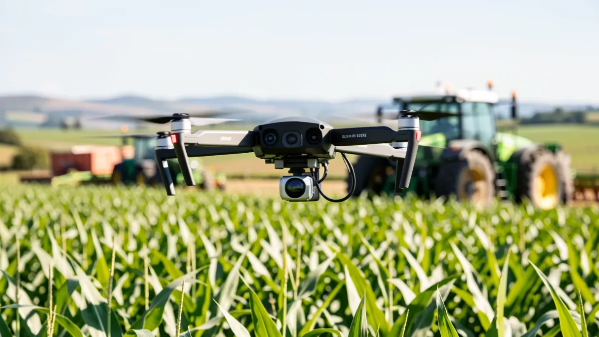 Imagen genérica de tecnología agrícola avanzada, con drones y sensores sobre un campo de cultivo.