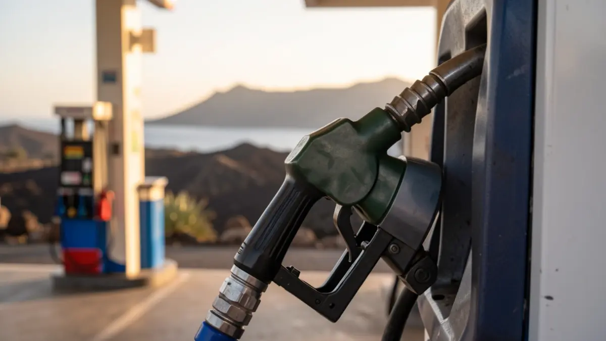 Close-up of a gas station hose in the Canary Islands with a volcanic landscape in the background.