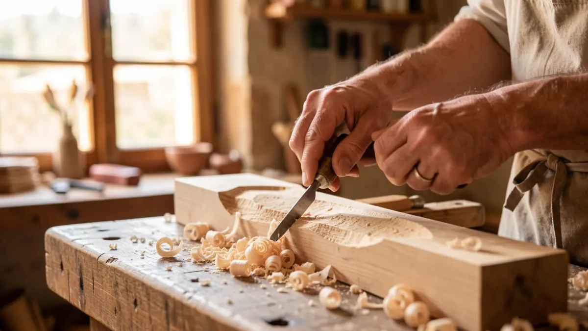 Image of hands working with wood in a craft workshop.