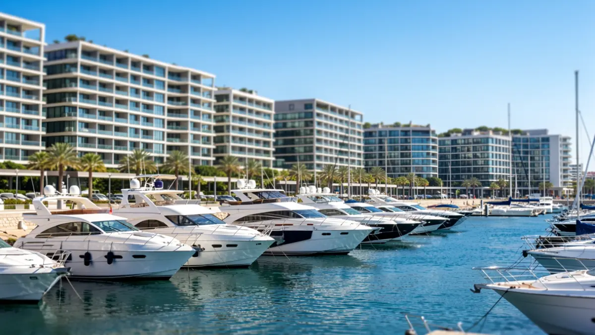 Generic image of a marina with hotels and yachts.