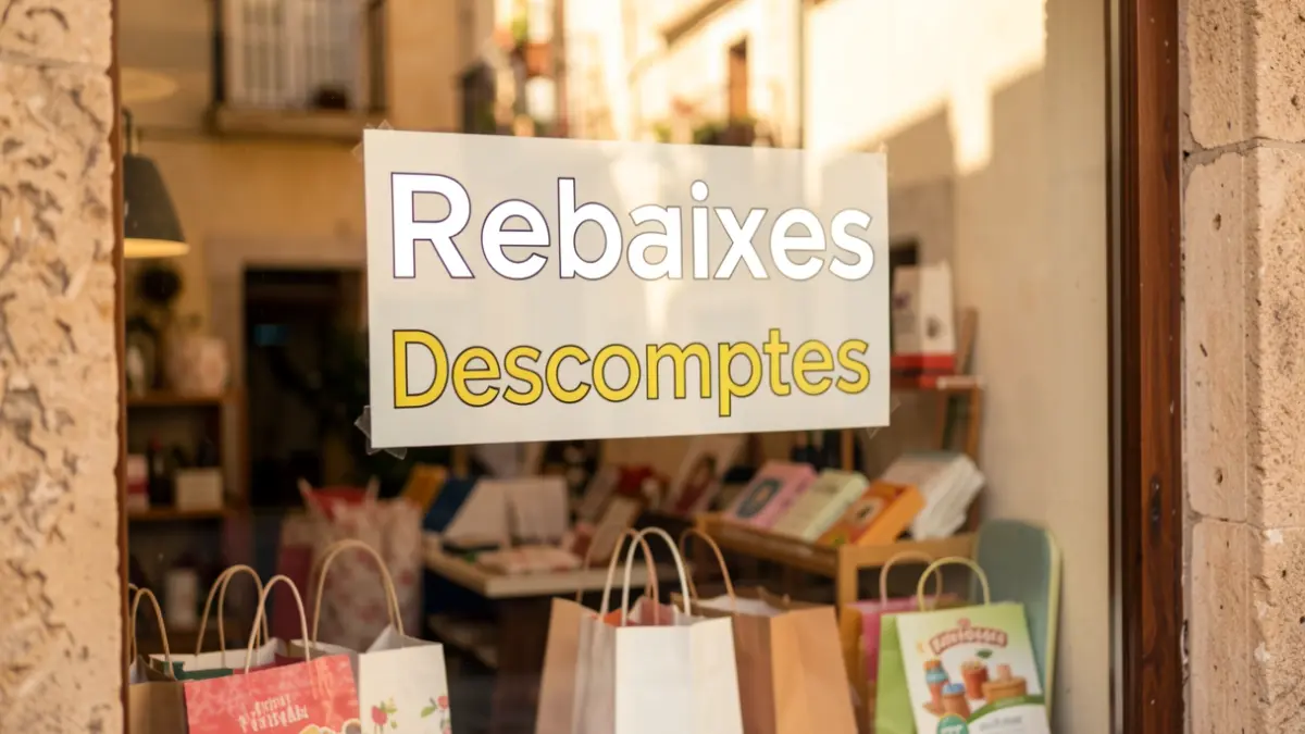 Imagen genérica de un escaparate con carteles de rebajas en valenciano.