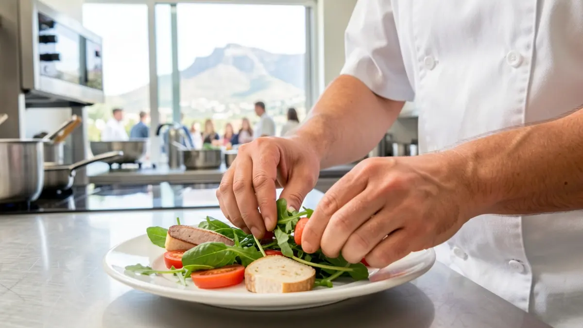 Primer plano de las manos de un chef emplatando ingredientes locales en una cocina moderna con vistas a Gran Canaria.