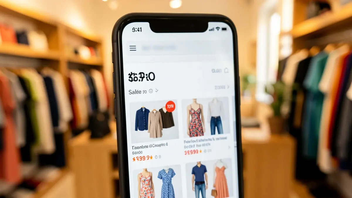 Imagen genérica de un teléfono móvil mostrando ofertas de rebajas en una tienda de moda.