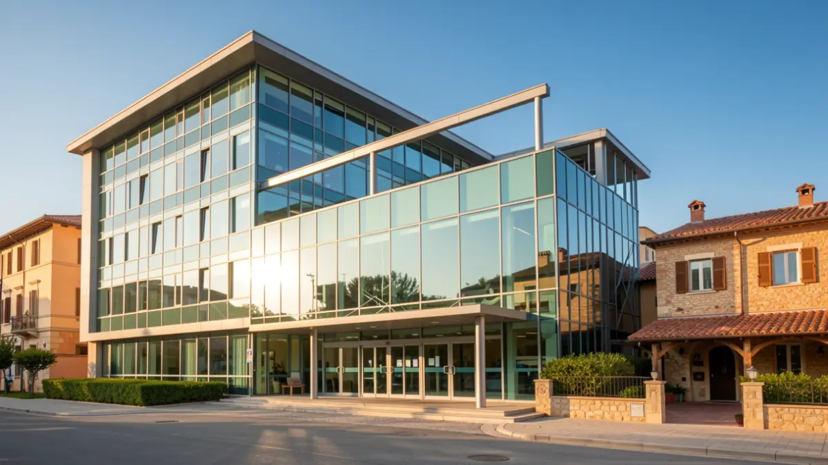 Generic image of a modern hospital with Mediterranean architecture.