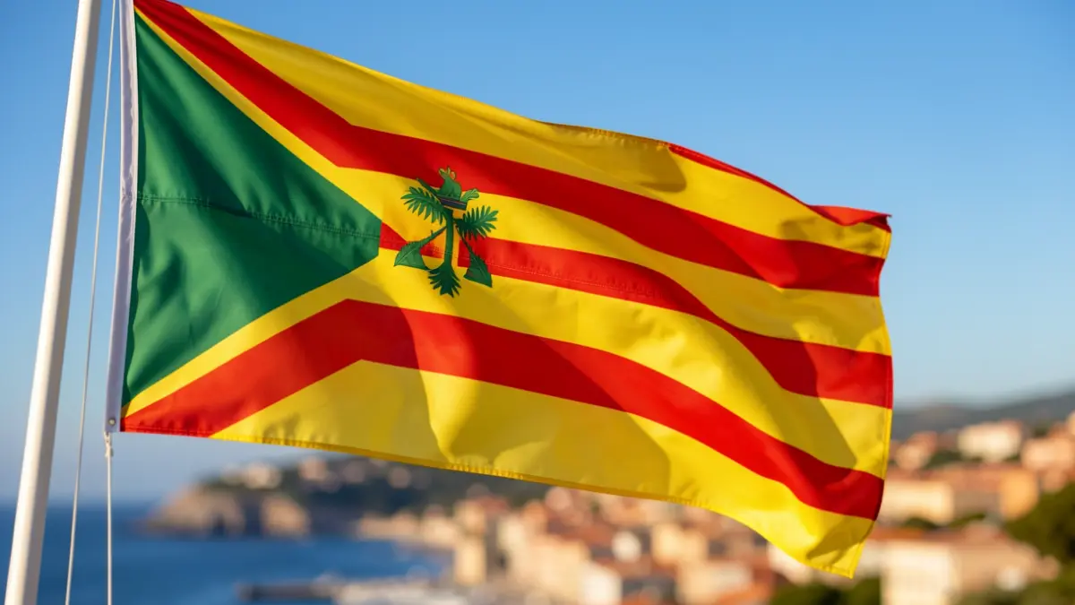 Generic image of a Catalan flag waving against a blue sky.