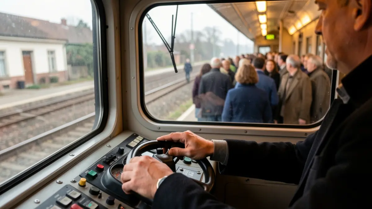 Primer plano de un maquinista de tren operando los controles de una locomotora.