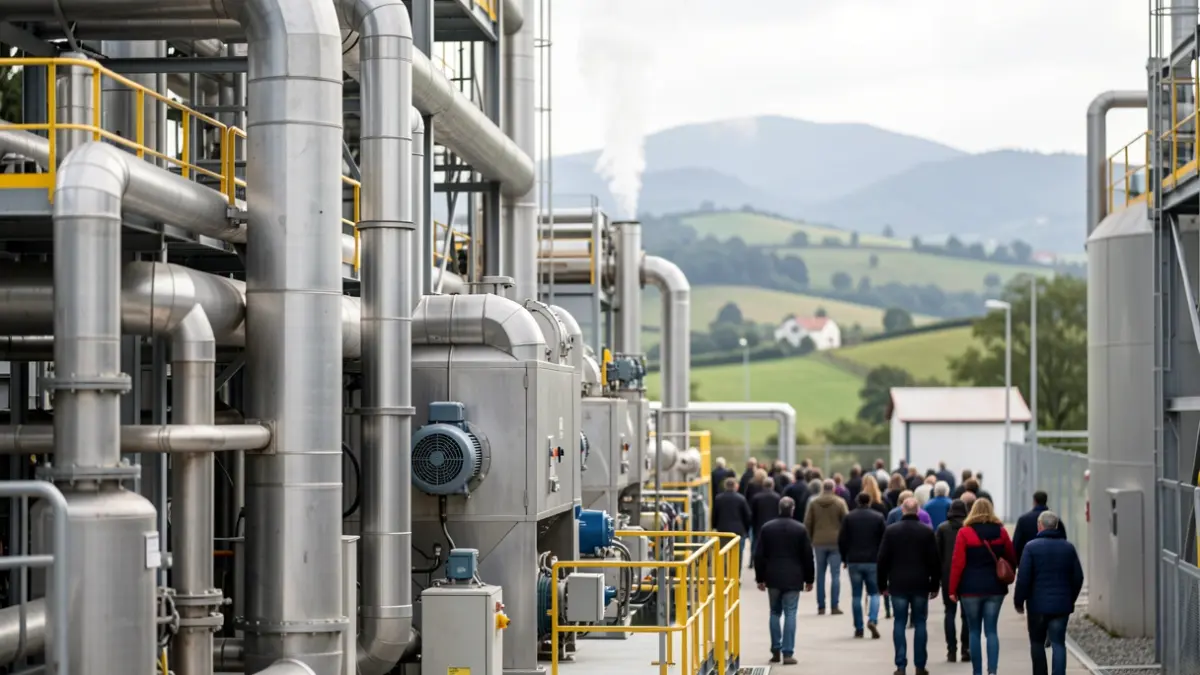 Imagen de una planta industrial con maquinaria moderna y tuberías, con un paisaje gallego desenfocado al fondo.