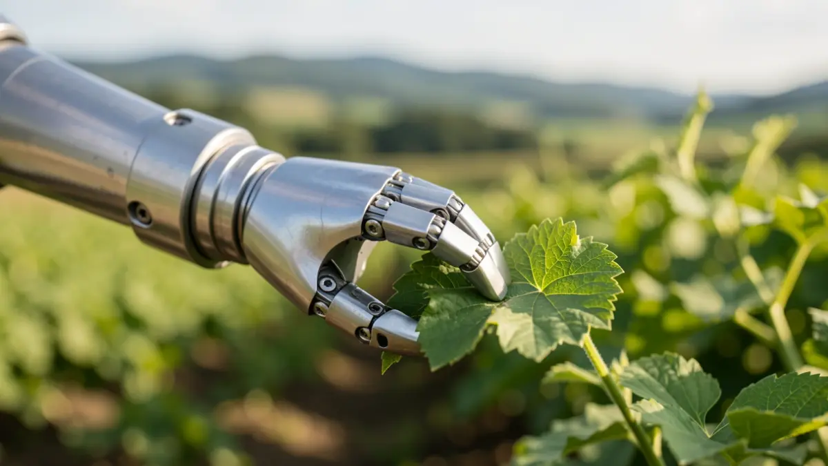 Imagen genérica: Mano de un brazo robótico tocando una hoja verde, simbolizando la conexión entre robótica y agricultura. Paisaje de Euskadi desenfocado al fondo.