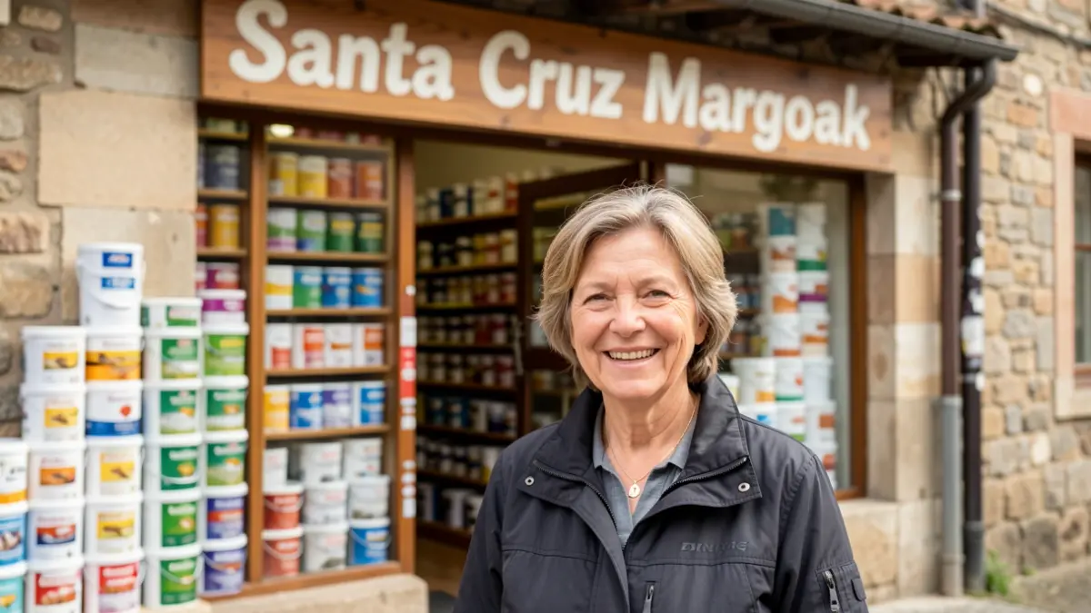 A smiling woman in front of her new paint store in Legazpi.