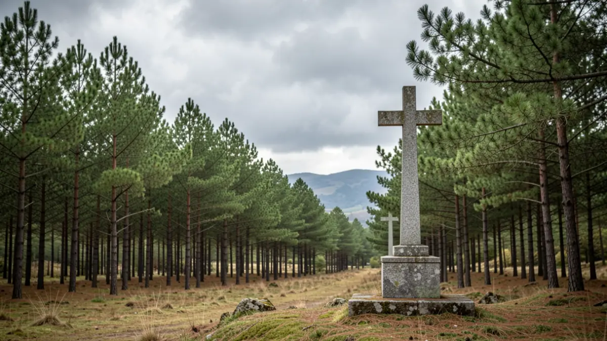 Imagen genérica de un paisaje forestal gallego con pinos y un cruceiro de granito.