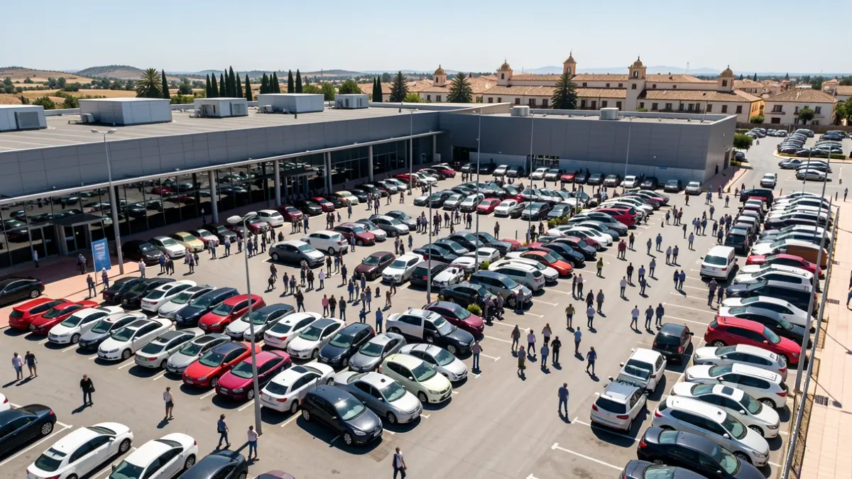 Imagen aérea de un aparcamiento de supermercado en Andalucía con la fachada de un edificio comercial.