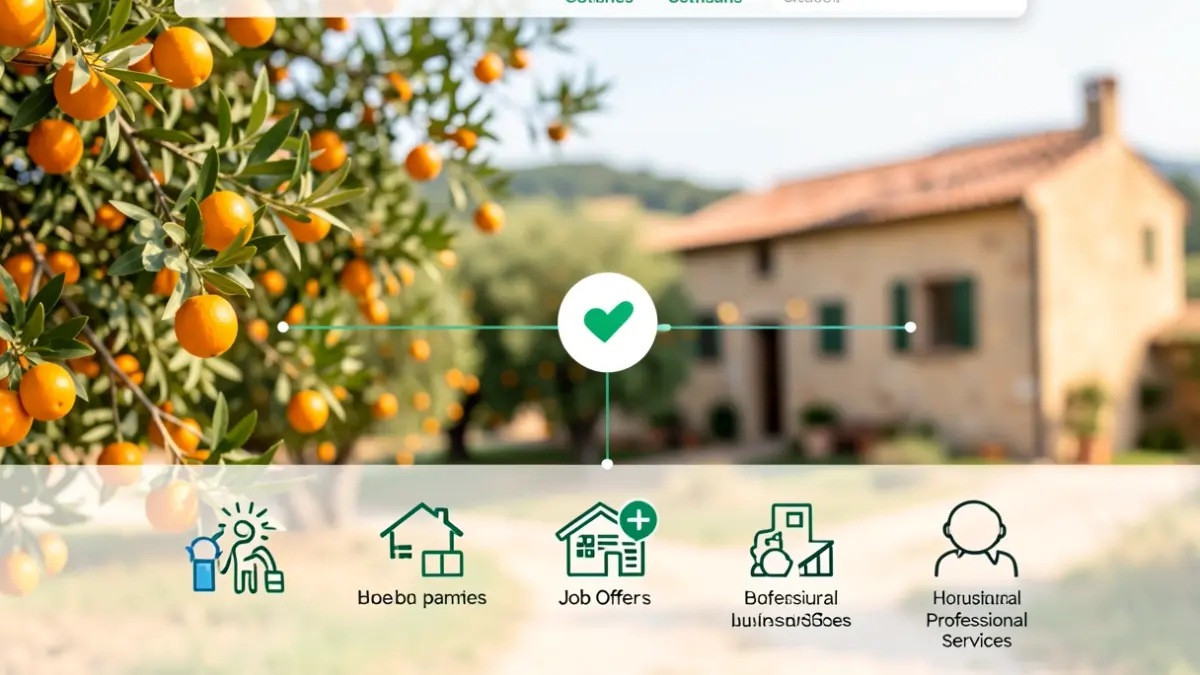 Digital platform interface connecting rural businesses and citizens, with elements of the Valencian landscape in the background.
