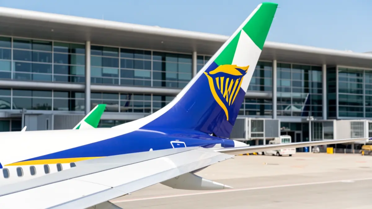 Imagen de un ala de un avión de Ryanair con la bandera irlandesa, delante de una terminal aeroportuaria gallega.