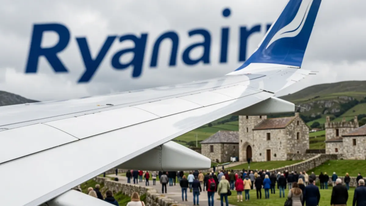Imaxe xenérica dunha á de avión de Ryanair sobre unha paisaxe galega.