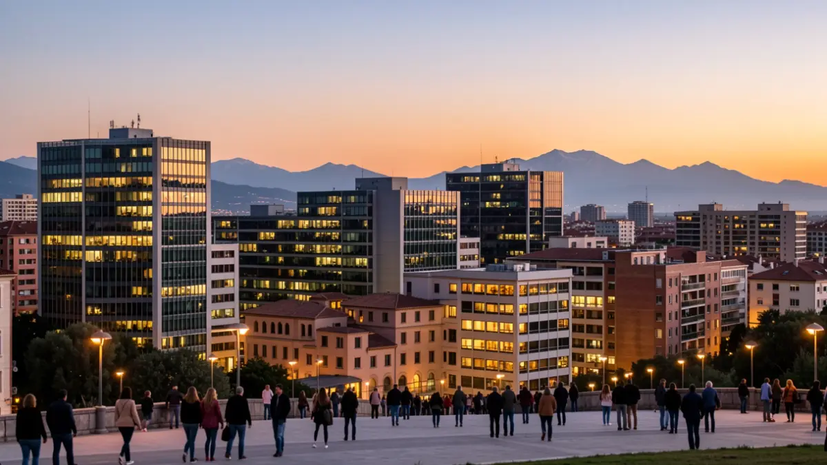 Vista de la ciudad de Sabadell con edificios tecnológicos y montañas al fondo.