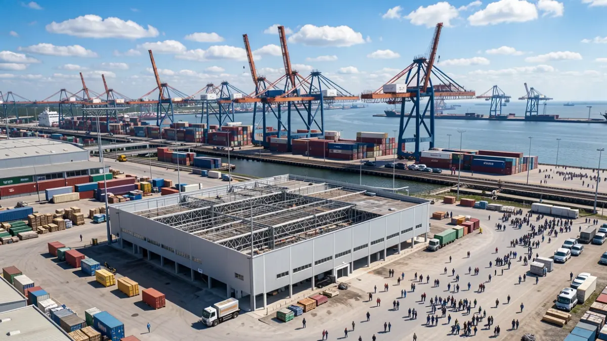 Imaxe aérea dun complex industrial portuario con guindastres e contedores, e unha fábrica en construción.