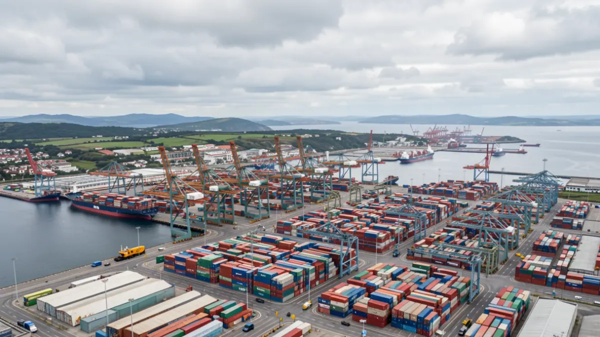 Vista aérea de una zona portuaria industrial en Galicia.