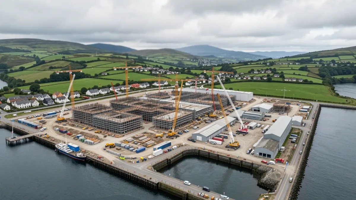 Vista aérea de un complejo industrial en construcción cerca de un puerto en Galicia.