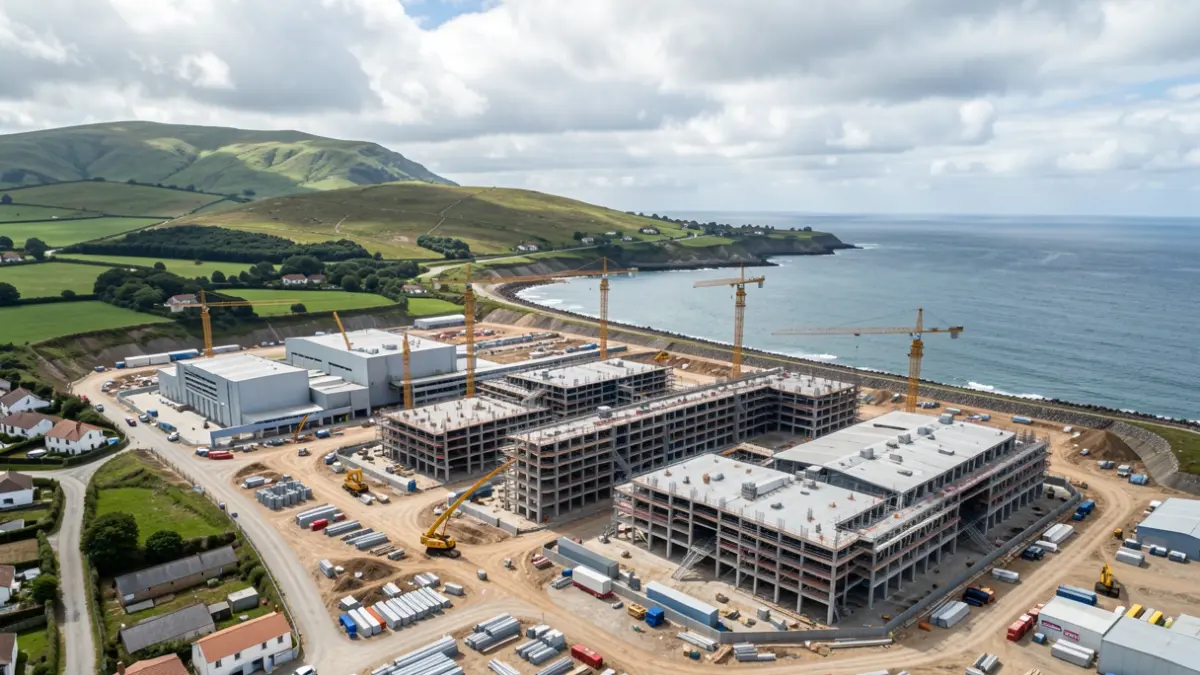 Vista aérea de un complejo industrial en construcción cerca de la costa gallega.