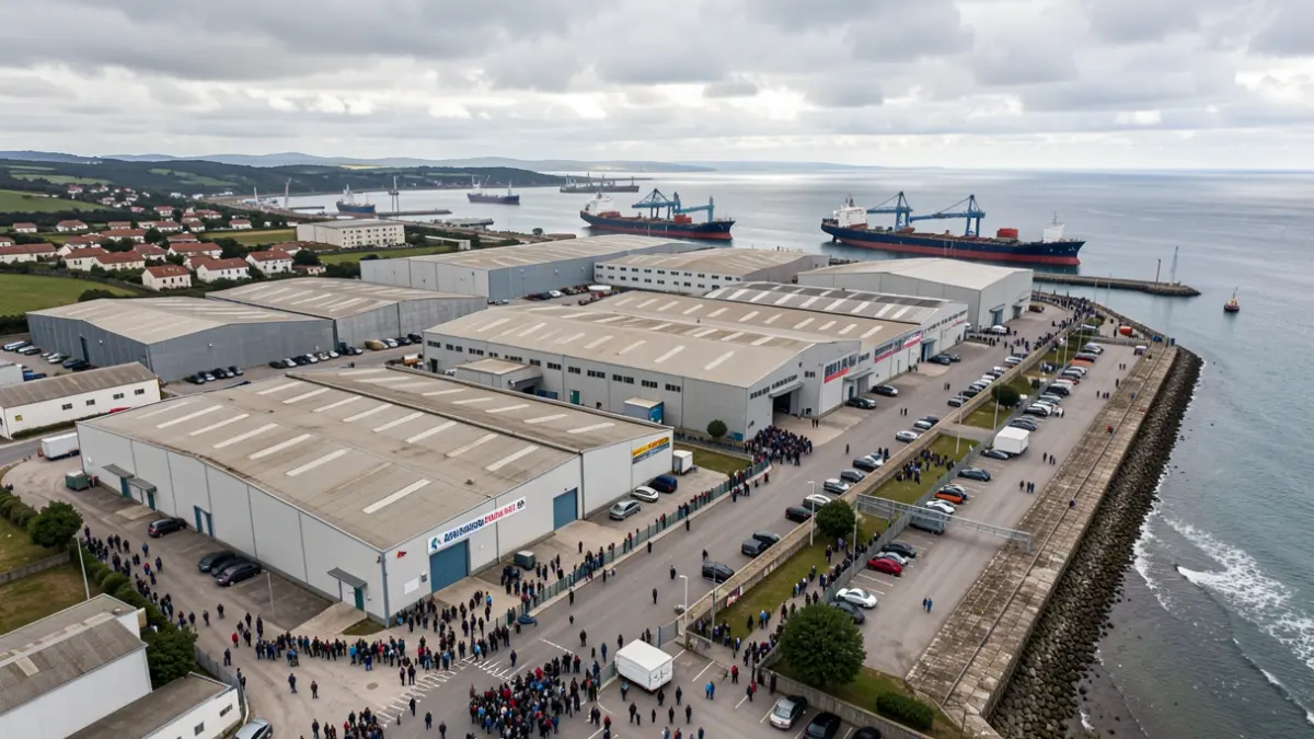 Imaxe aérea dun gran complex industrial preto dun porto con barcos atracados en Galicia.