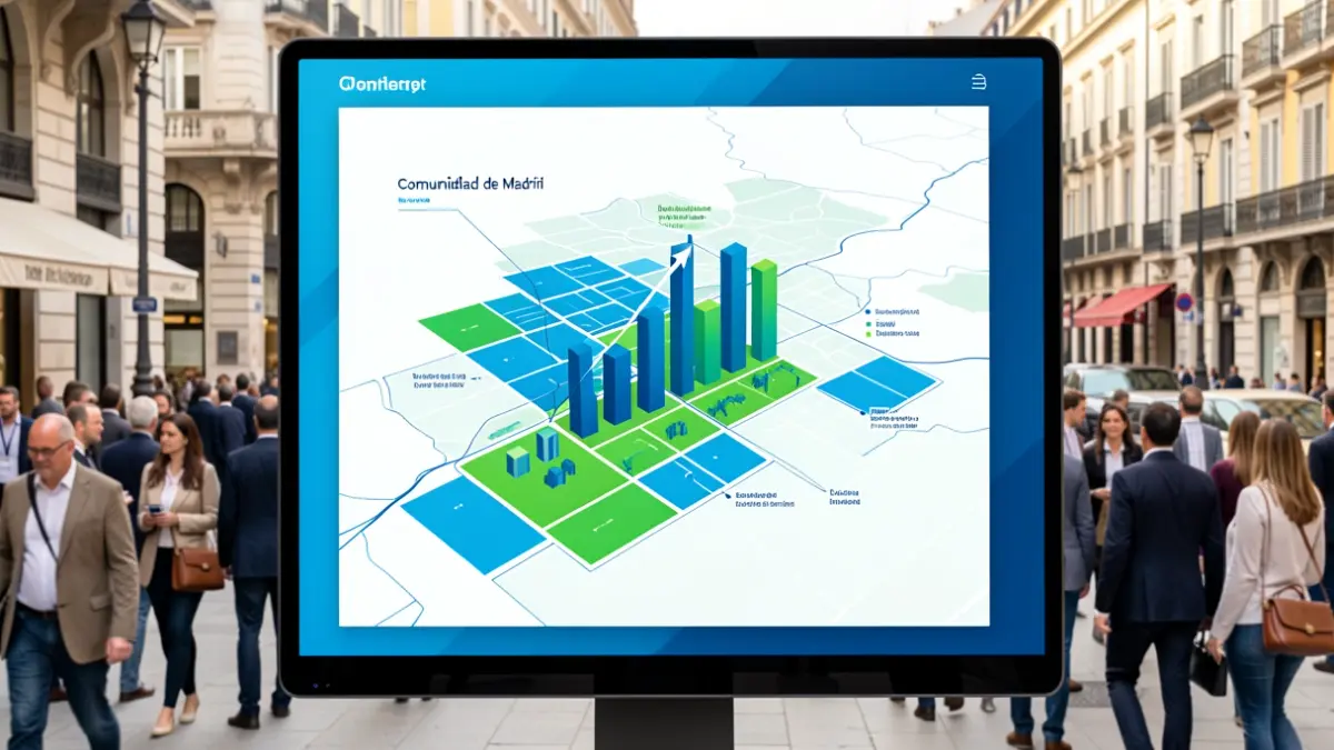 Generic image of a digital interface showing a map of the Comunidad de Madrid with available land for investment.