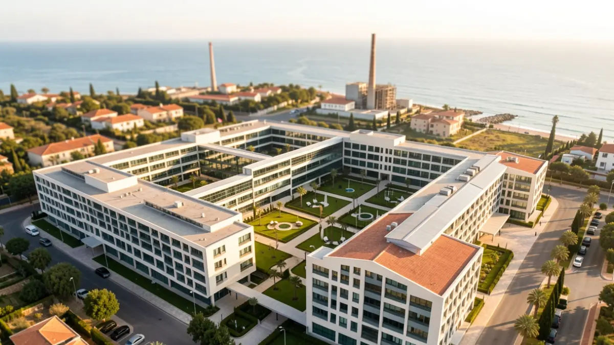 Aerial view of the future Inditex corporate campus in Sant Adrià de Besòs with the old chimney visible.