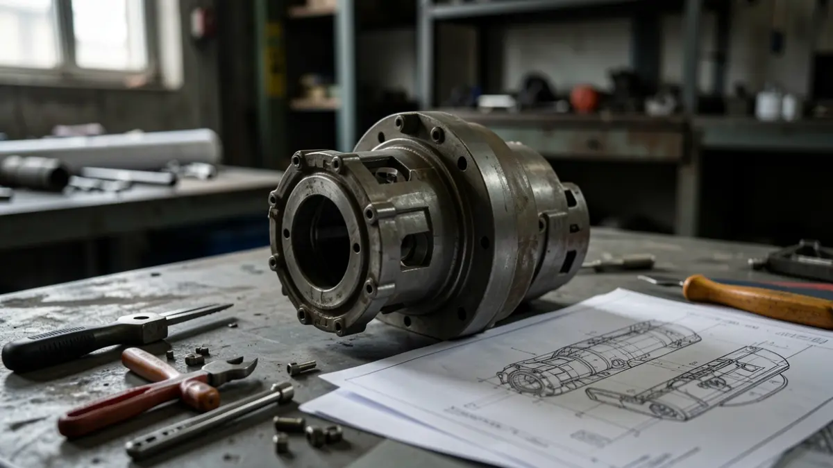 Close-up of a disassembled tank component with tools and blueprints scattered around in a dimly lit industrial workshop.