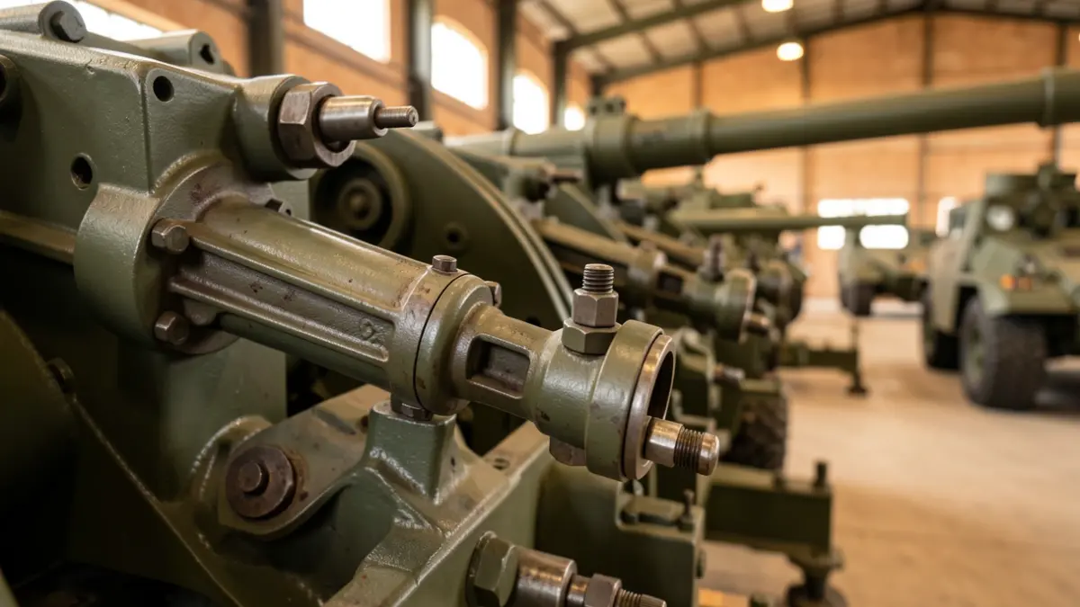Primer plano de maquinaria industrial para vehículos militares y artillería en una fábrica andaluza.