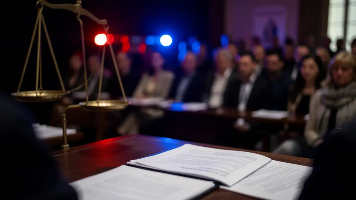Generic image: Scales of justice and blurred documents with red and blue emergency light reflections.