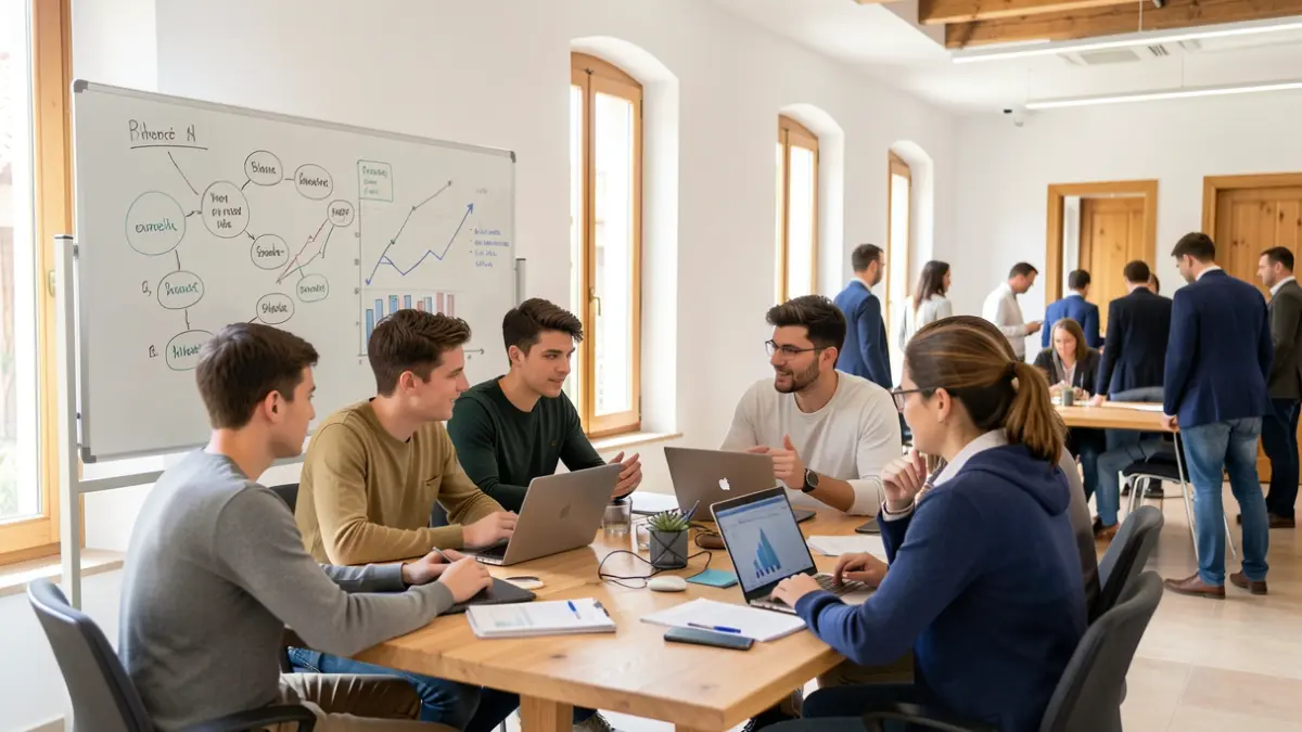 Image of a modern, collaborative workspace with young professionals discussing around a table with laptops and documents, featuring a whiteboard in the background.