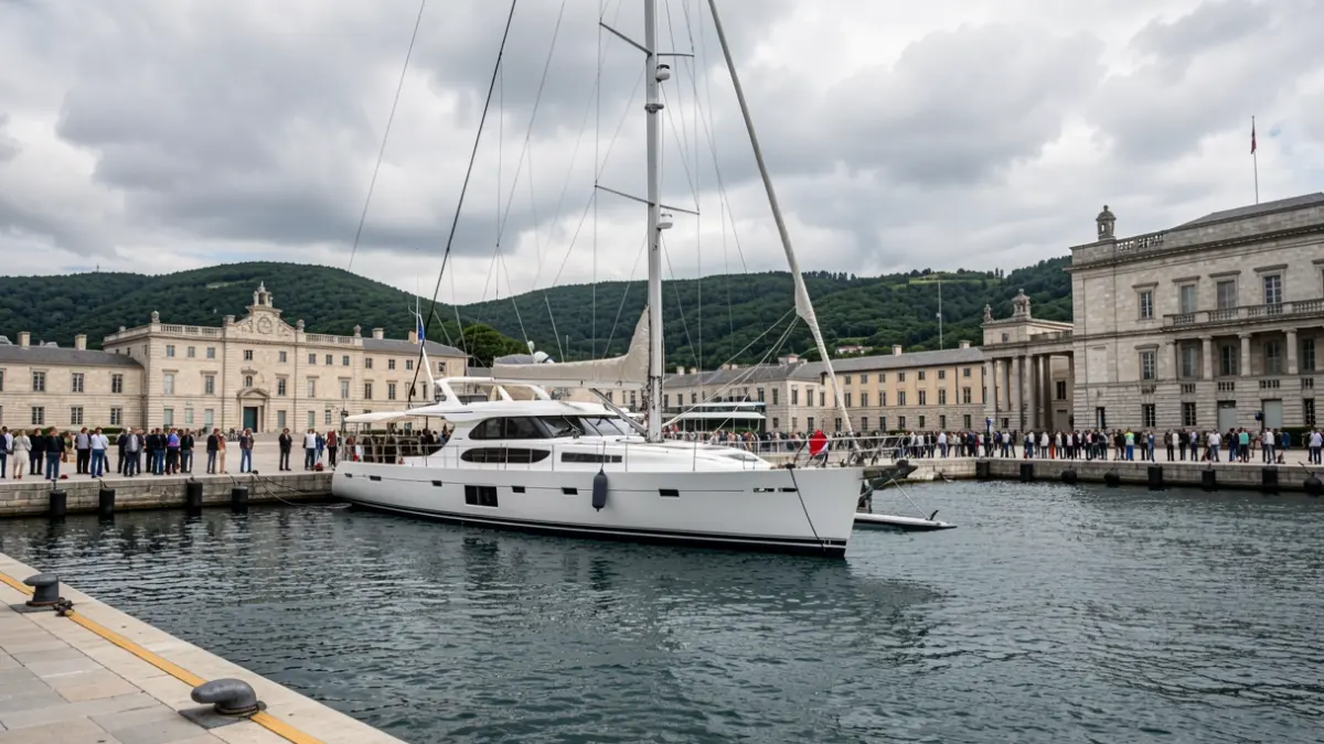 Imaxe dun iate a motor-vela amarrado nun porto de academia naval con arquitectura de granito.