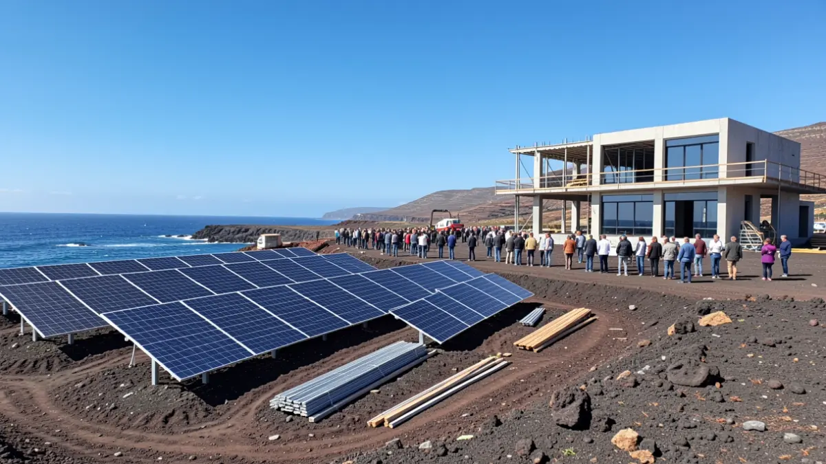 Paneles solares instalados junto a una obra en construcción en la costa de Tenerife.