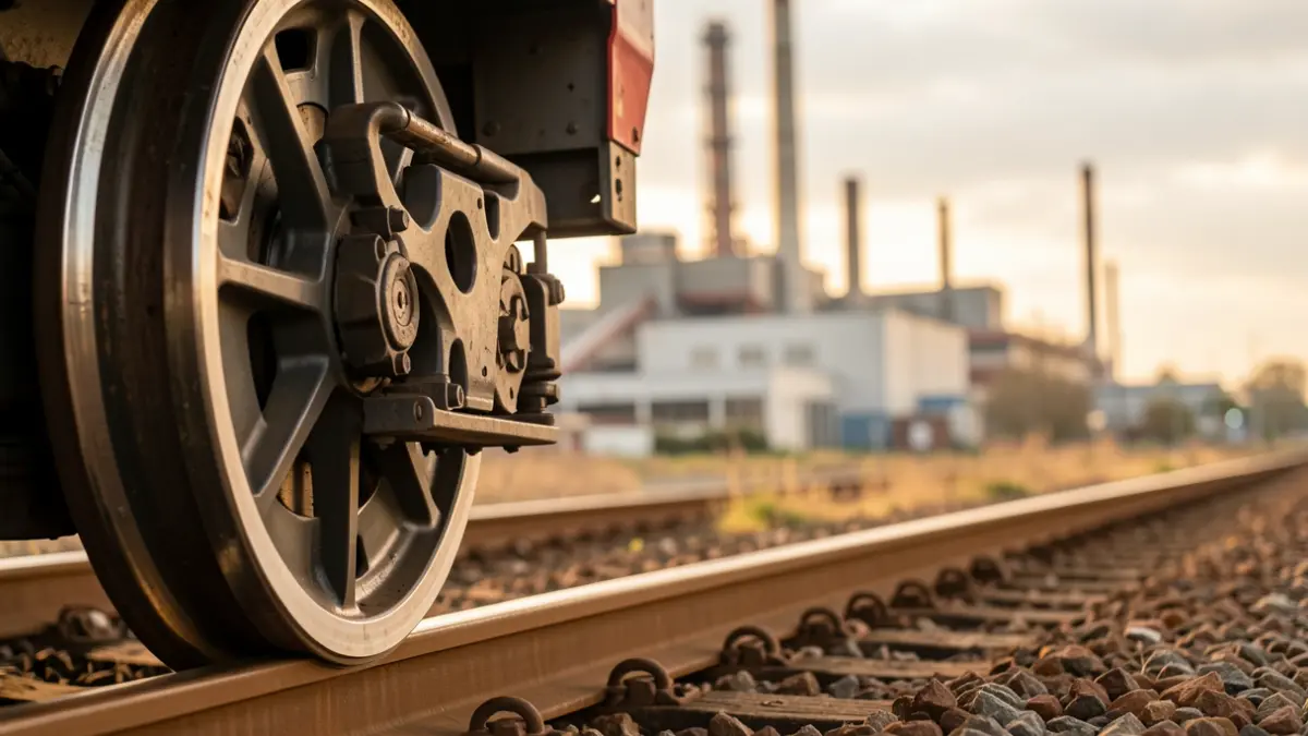 Primeira imaxe dunha roda de tren moderna sobre vías, con edificios industriais difuminados ao fondo.
