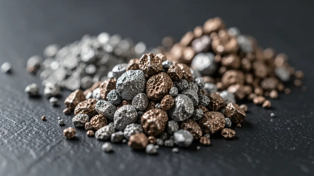 Rare earth metal oxides with metallic sheen and granular texture.