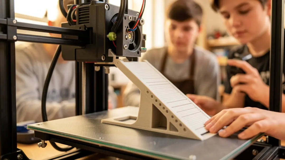 Imaxe dunha impresora 3D creando unha rampla, con mans de adolescentes ao fondo.
