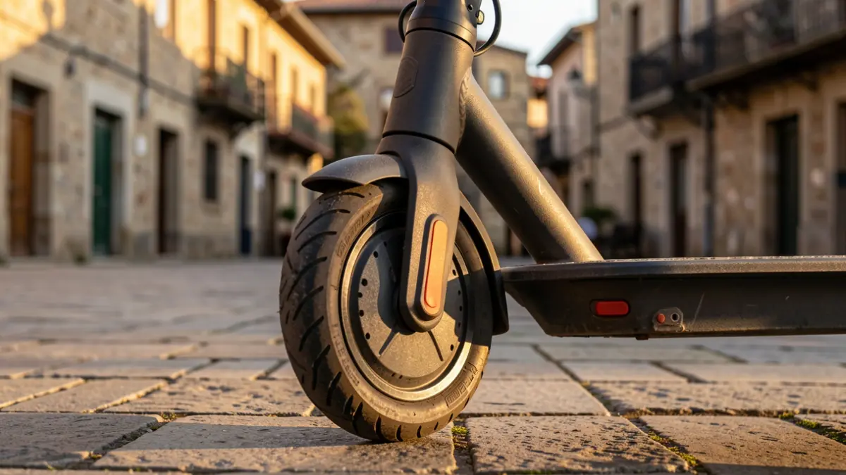 Generic image: Close-up of an electric scooter wheel parked in a Bizkaia square, with warm evening light.