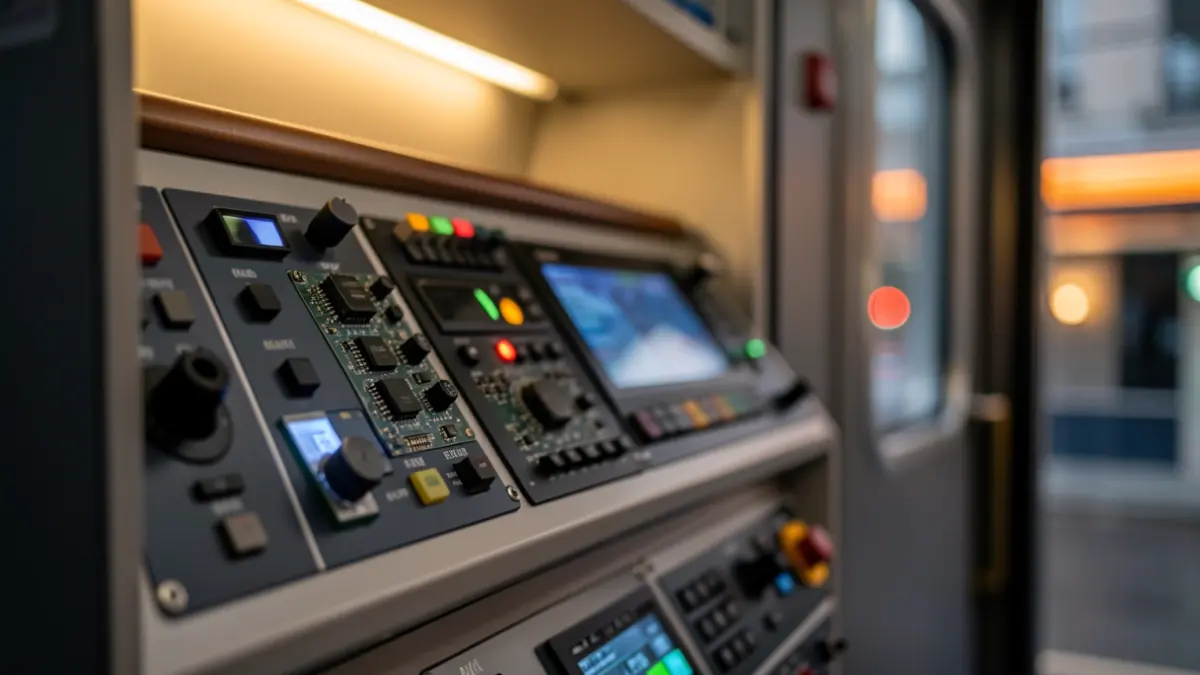 Primer plano de un panel de control electrónico de un tren moderno con luces y detalles de circuitos borrosos, sugiriendo tecnología avanzada y conectividad.