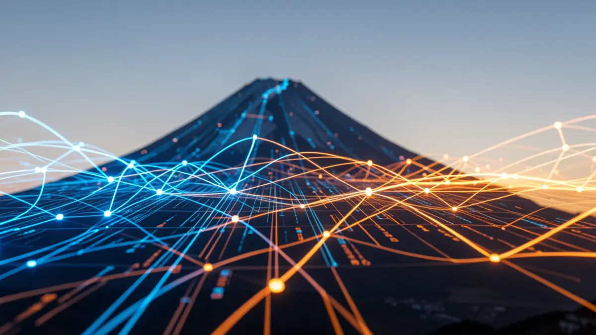 Abstract image of supercomputing and AI with the Teide silhouette.